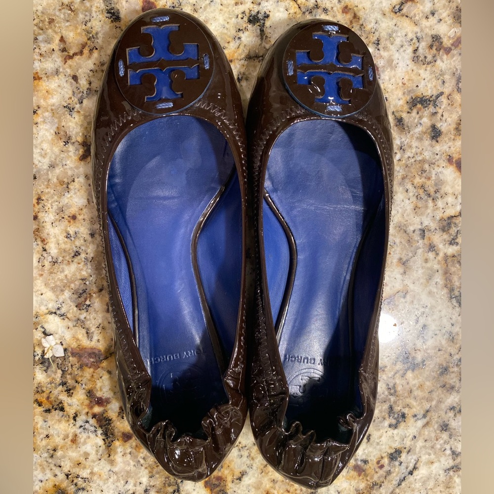 TORY BURCH SHOES, REVA - Brown/Blue patent leather - Lightly used
